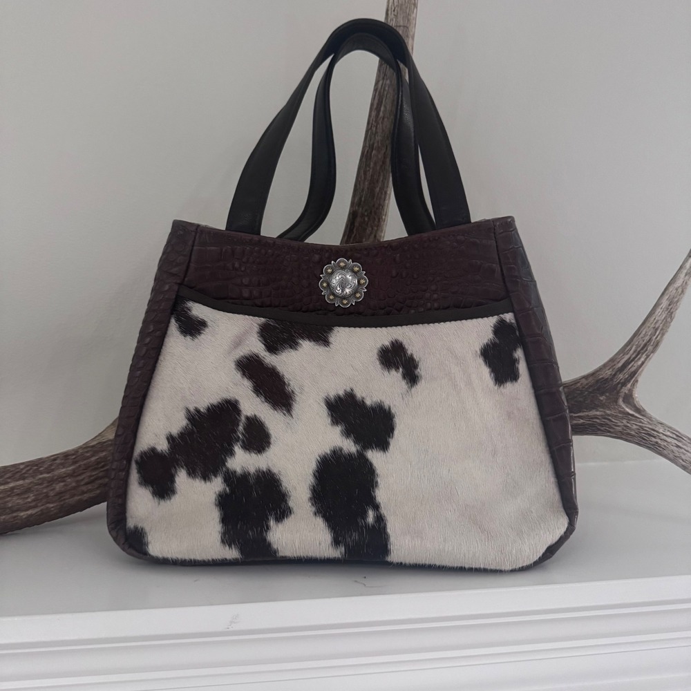 Western Cowhide Hair on Hide Croc Embossed Faux Leather Concho Tote Cow Print
